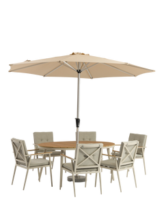 Bramblecrest RHS Wisley 6-Seater Ellipsis Garden Dining Table & Chairs Set with Parasol, Mocha
