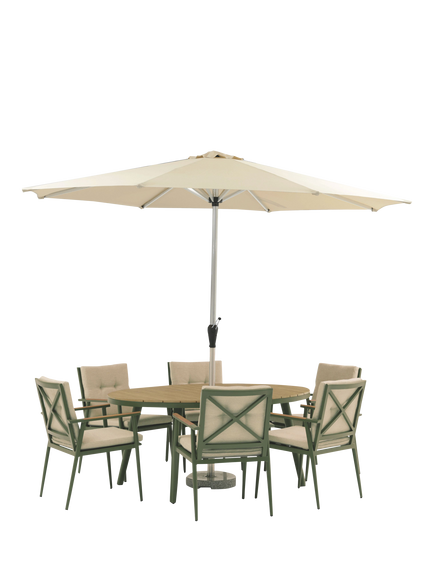 Bramblecrest RHS Wisley 6-Seater Ellipsis Garden Dining Table & Chairs Set with Parasol, Sage, Sage