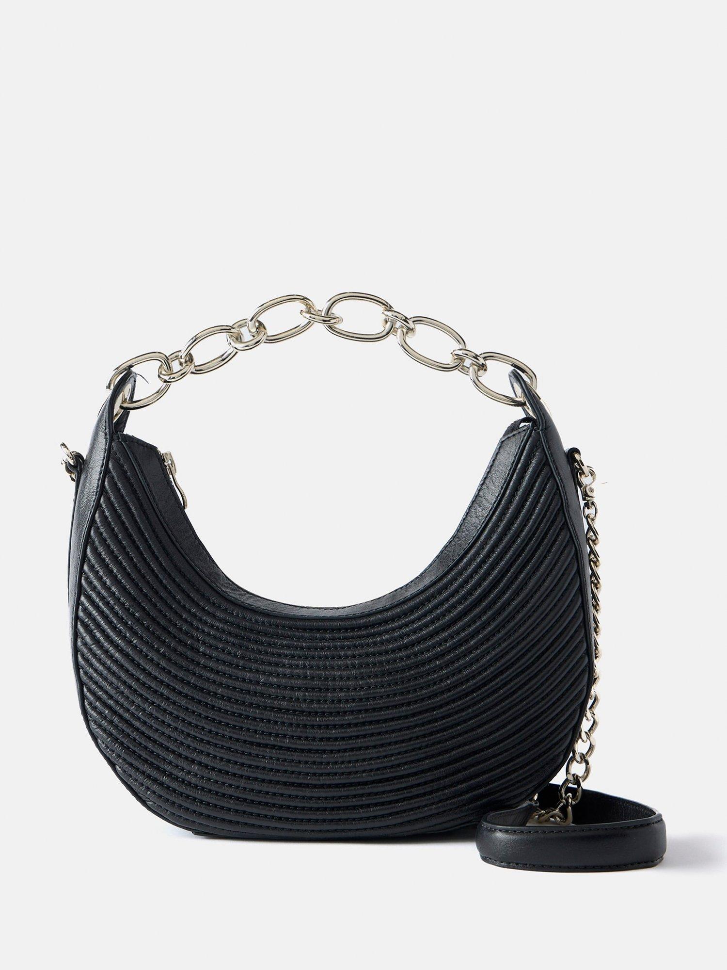 Product image 1 of 5, which shows Mint Velvet Ribbed Leather Chain Handle Shoulder Bag, Black