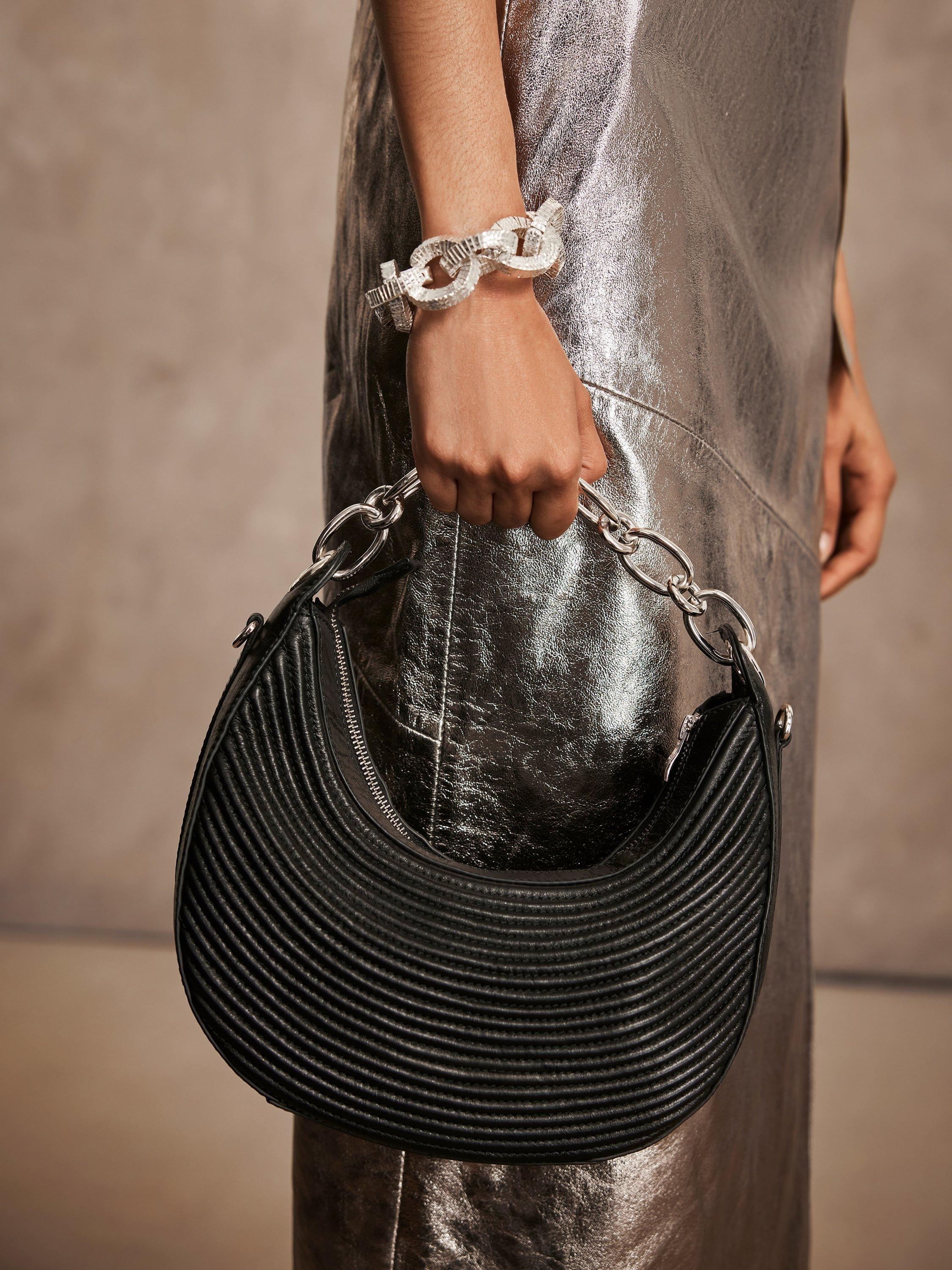 Product image 4 of 5, which shows Mint Velvet Ribbed Leather Chain Handle Shoulder Bag, Black