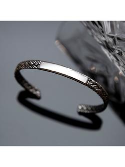 Hoxton London Men's ID Bar Herringbone Cuff Bangle, Silver - view 2, Silver