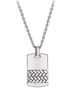 Hoxton London Men's Herringbone-Patterned Dog Tag Pendant Necklace, Silver, Silver