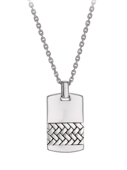 Hoxton London Men's Herringbone-Patterned Dog Tag Pendant Necklace, Silver, Silver