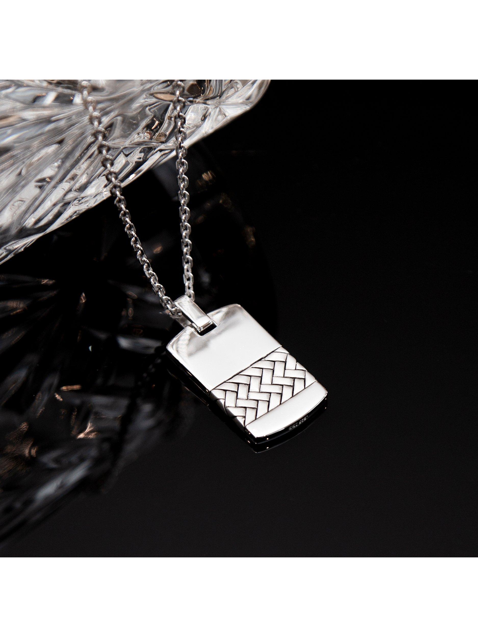 Product image 2 of 4, which shows Hoxton London Men's Herringbone-Patterned Dog Tag Pendant Necklace, Silver