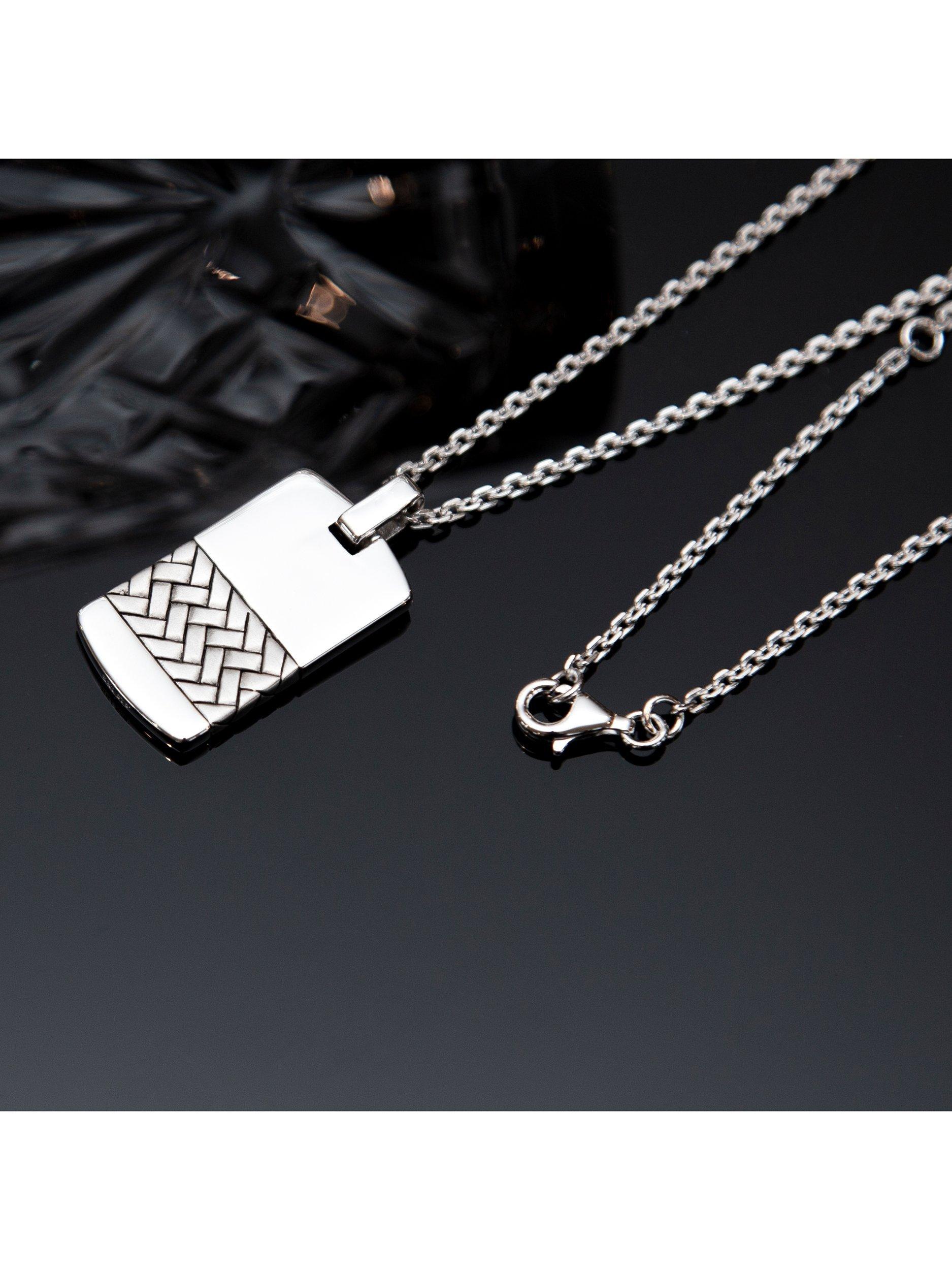 Product image 3 of 4, which shows Hoxton London Men's Herringbone-Patterned Dog Tag Pendant Necklace, Silver