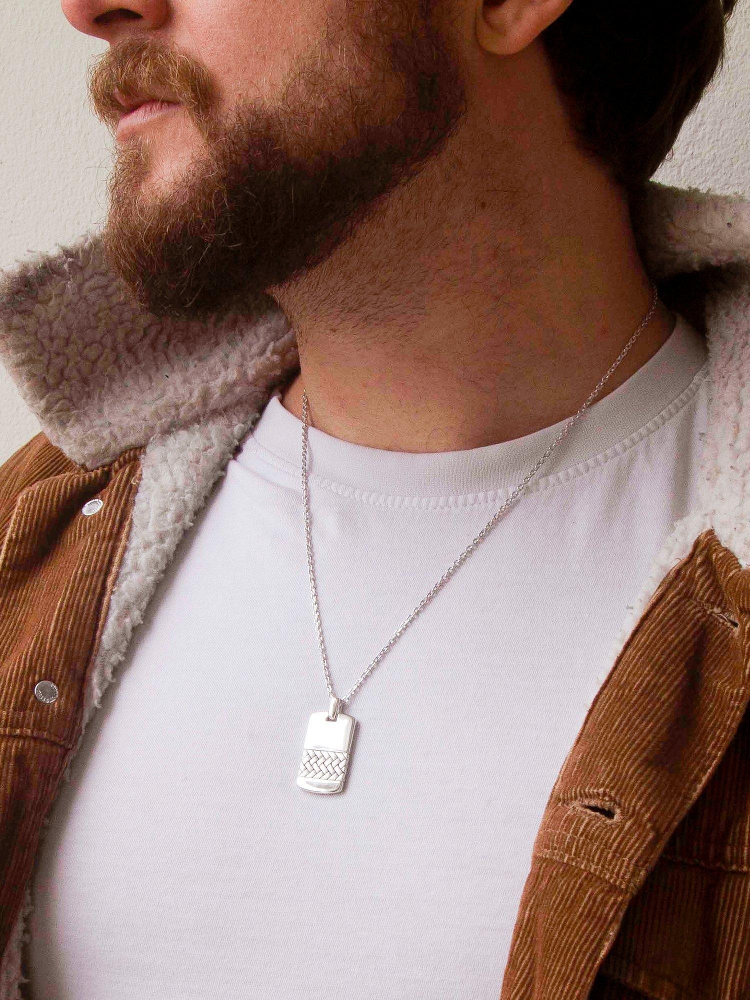 Product image 4 of 4, which shows Hoxton London Men's Herringbone-Patterned Dog Tag Pendant Necklace, Silver