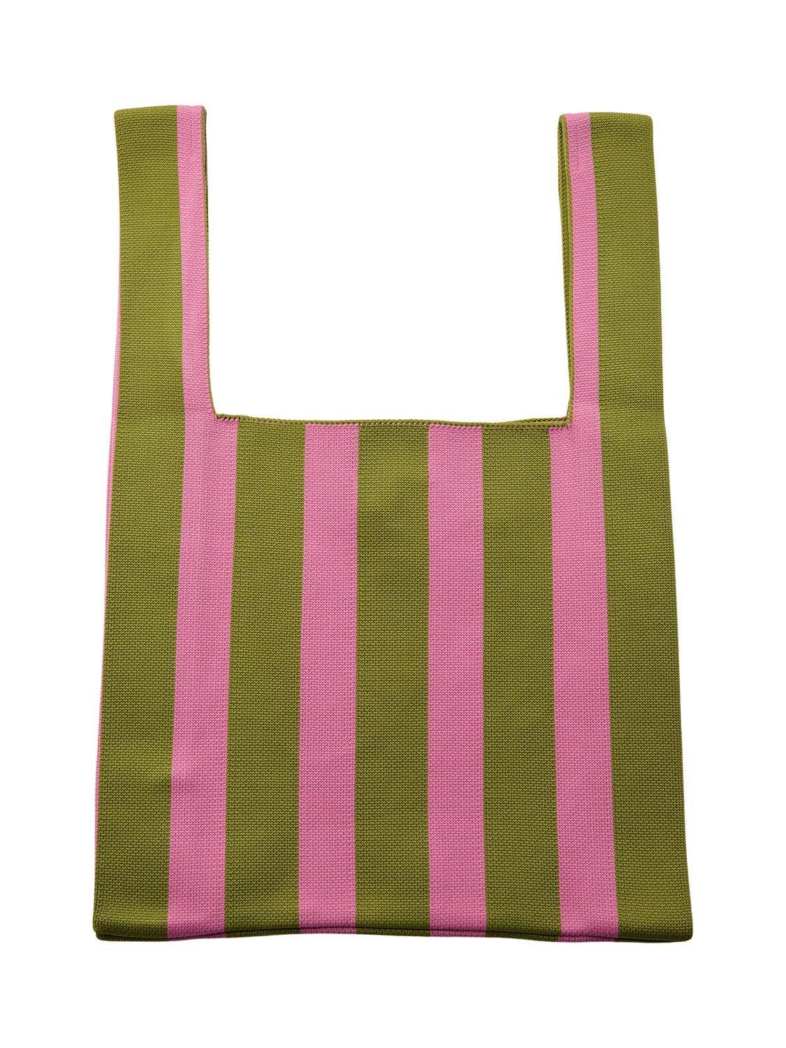 Product image 1 of 7, which shows Numph Contino Stripe Tote Bag, Green/Pink