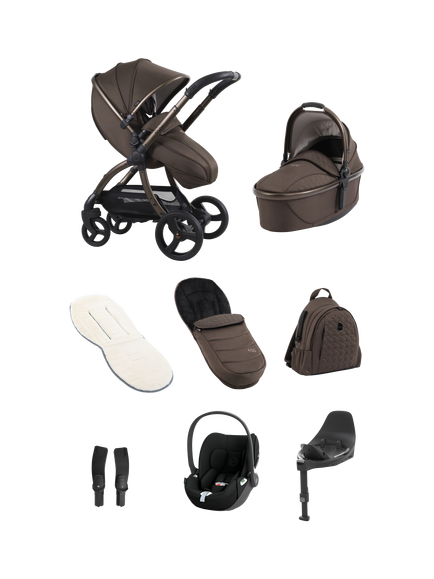egg3 Pushchair, Carrycot & Accessories with Cybex Cloud T Car Seat and Base T Luxury Bundle, Chocolate Velvet, Chocolate Velvet