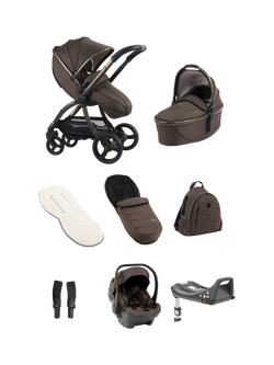 egg3 Pushchair, Carrycot & Accessories with Egg Shell Car Seat and Base Luxury Bundle, Chocolate Velvet, Chocolate Velvet