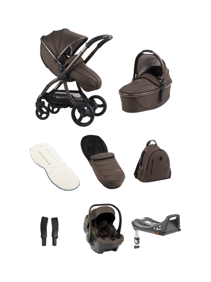 egg3 Pushchair, Carrycot & Accessories with Egg Shell Car Seat and Base Luxury Bundle, Chocolate Velvet, Chocolate Velvet