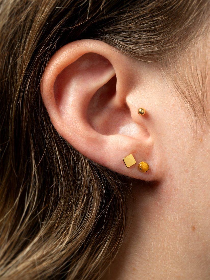 Product image 2 of 6, which shows Tish Lyon Kira Titanium Natural Stone Flatback Stud Earrings, Gold/Tiger's Eye