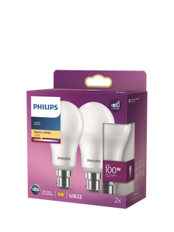 Philips 100W A60 B22 LED Non- Dimmable Classic Bulb, Pack of 2, White, White