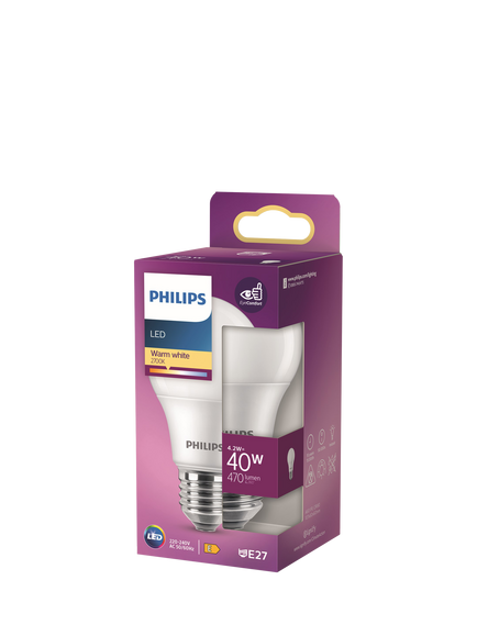Philips 40W A60 E27 LED Non-Dimmable Classic Bulb, White, White