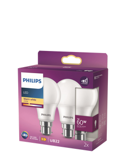 Philips 60W A60 B22 LED Non-Dimmable Classic Bulb, Pack of 2, White, White