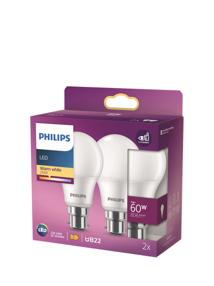 Philips 60W A60 B22 LED Non-Dimmable Classic Bulb, Pack of 2, White, White