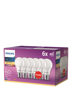 Philips 60W A60 B22 LED Non-Dimmable Classic Bulb, Pack of 6, White, White