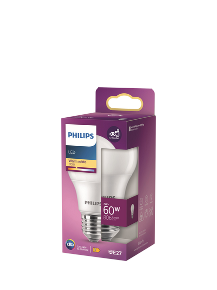 Philips 60W A60 E27 LED Non-Dimmable Classic Bulb, White, White