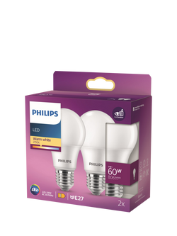 Philips 60W A60 E27 LED Non-Dimmable Classic Bulb, Pack of 2, White, White