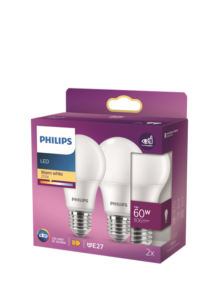 Philips 60W A60 E27 LED Non-Dimmable Classic Bulb, Pack of 2, White, White
