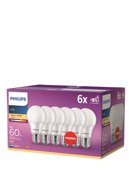 Philips 60W A60 E27 LED Non-Dimmable Classic Bulb, Pack of 6, White, White