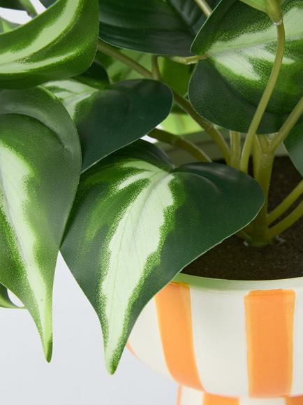 John Lewis Artificial Epipremnum Plant in Striped Ceramic Vase, Orange - view 2, Orange