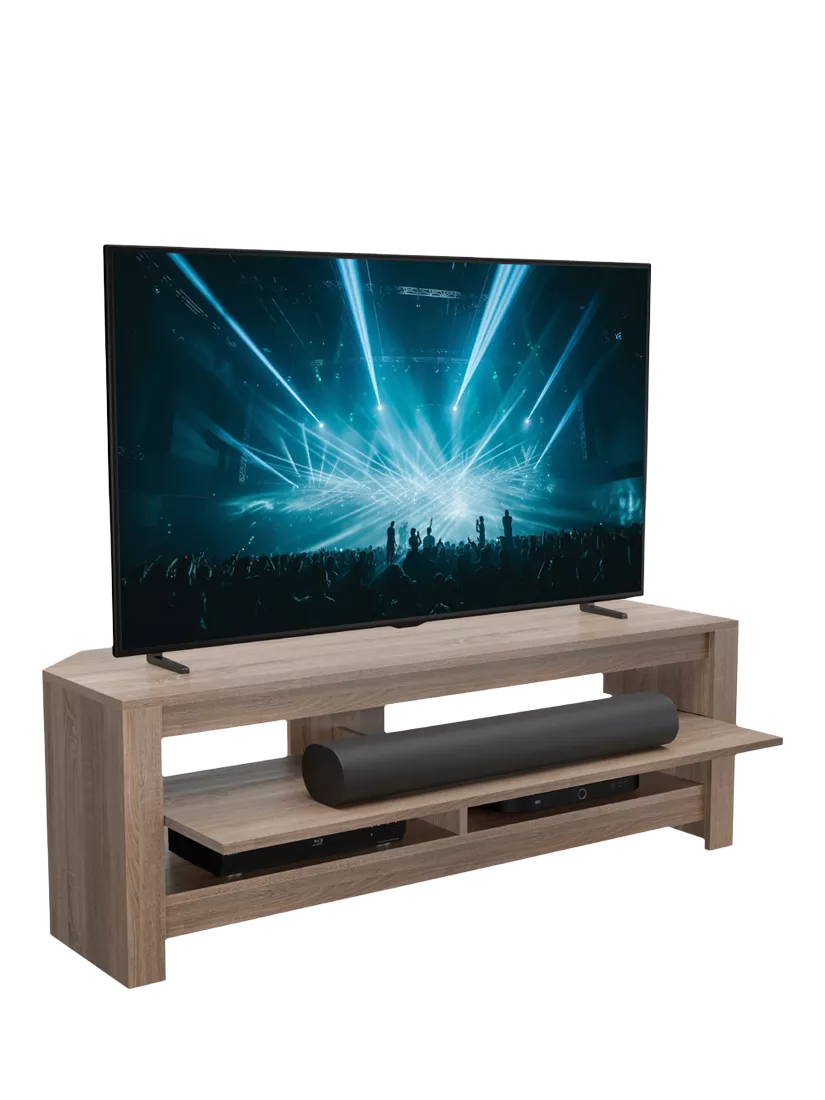 TV stand with a TV and soundbar on it