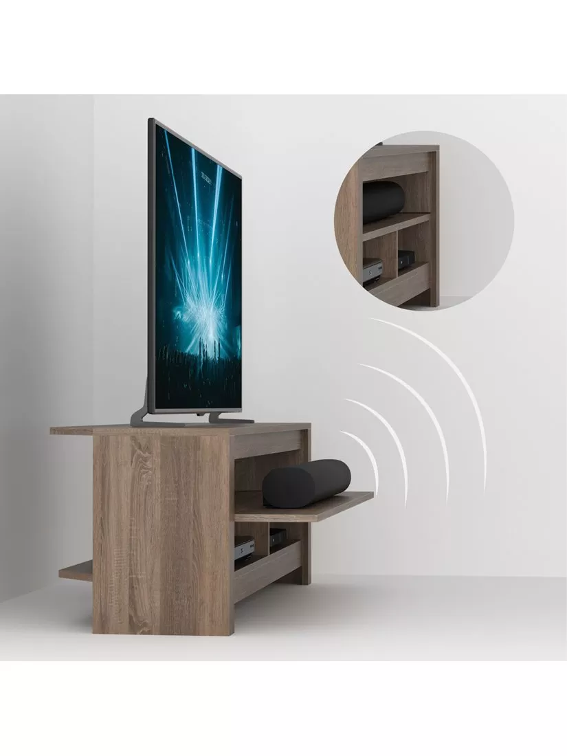 TV stand with a TV and soundbar, showing sound waves