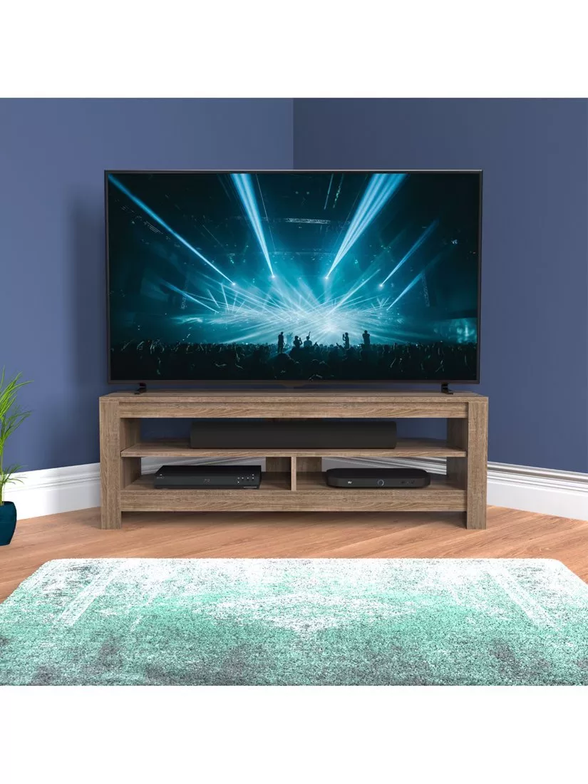 TV stand in a room with a TV and soundbar