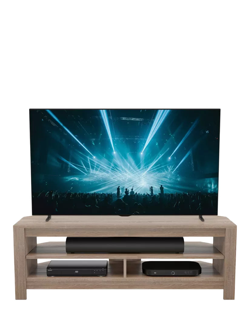 TV stand with a TV and electronic devices on it