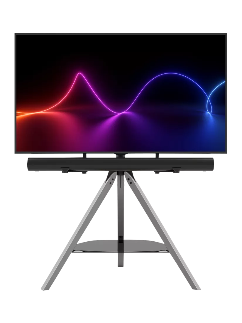 TV and soundbar on tripod stand
