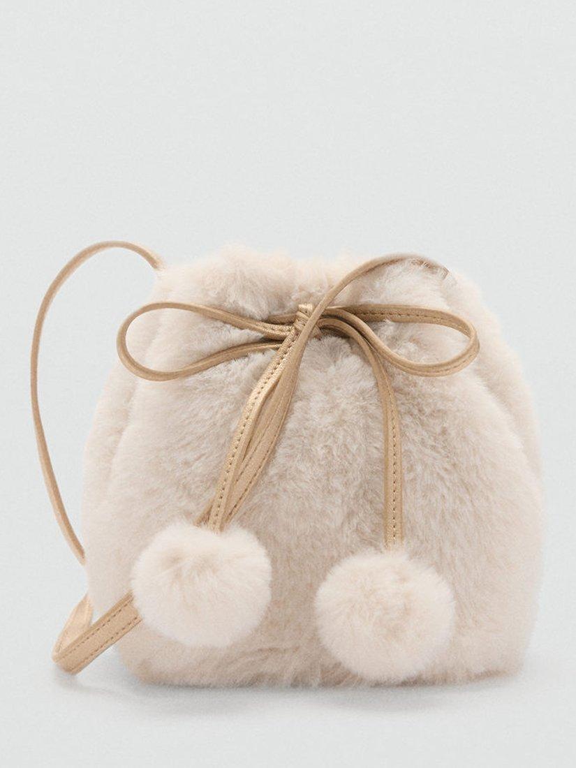 Mango Lola Faux Fur Pom Pom Drawstring Bag, Cream