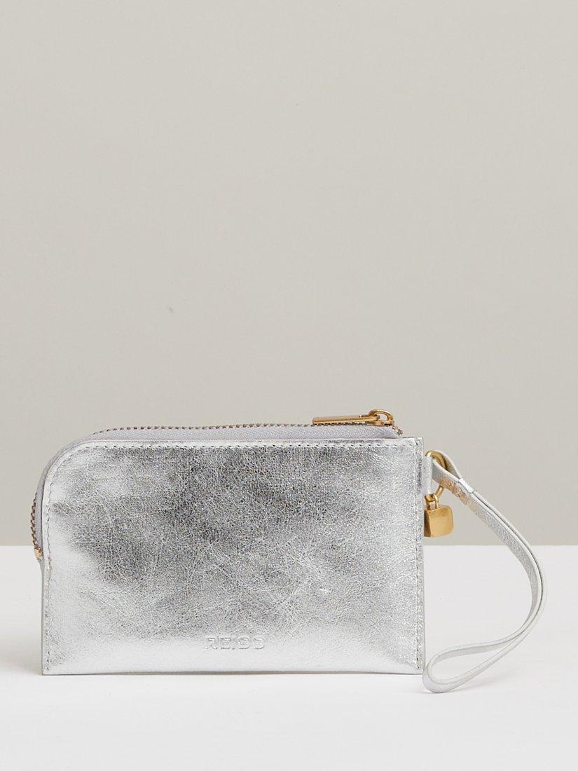 Product image 1 of 3, which shows Reiss Gloria Metallic Leather Zip-Around Wristlet Purse, Silver