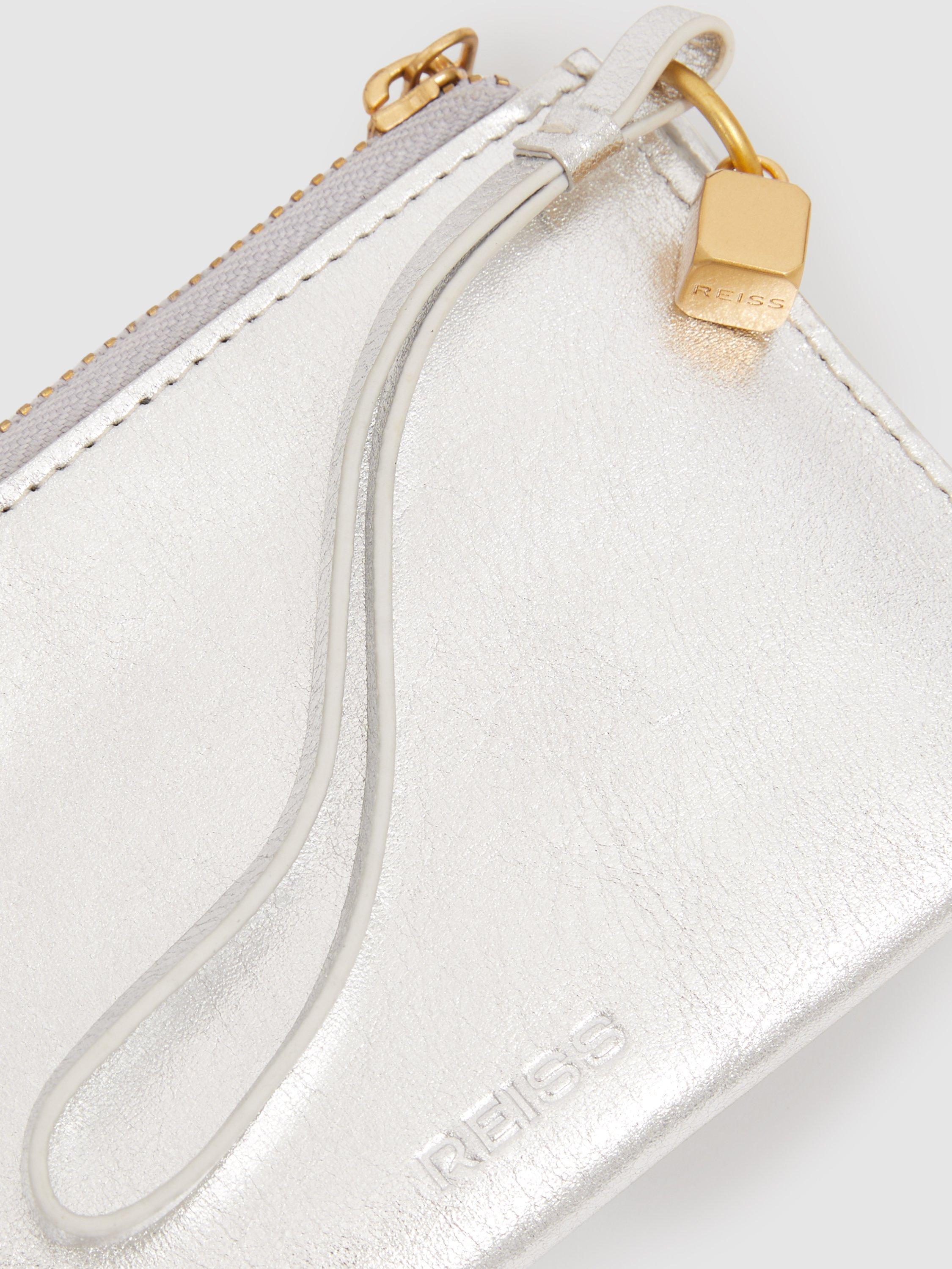 Product image 3 of 3, which shows Reiss Gloria Metallic Leather Zip-Around Wristlet Purse, Silver