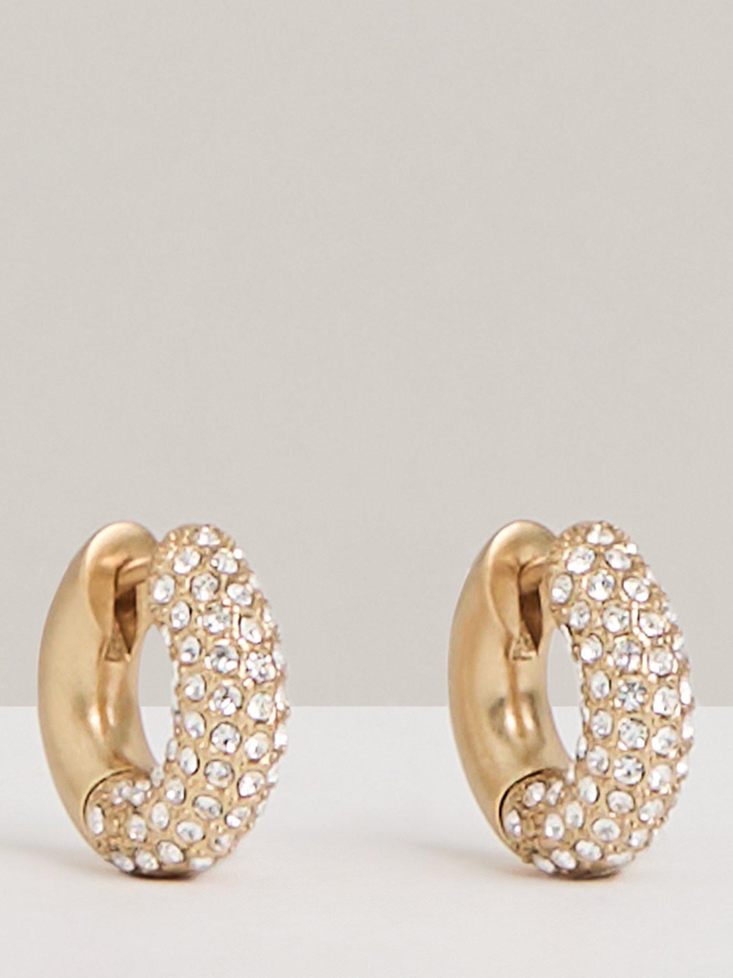 Product image 1 of 5, which shows Reiss Amelia Pave Huggie Hoop Earrings, Gold