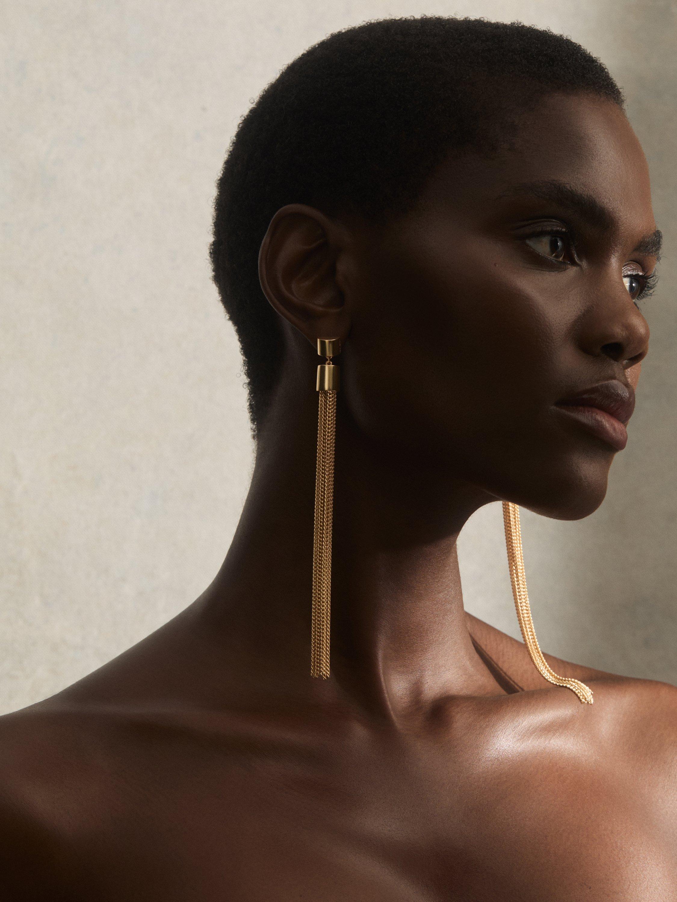 Product image 2 of 6, which shows Reiss Tessa Tassel Drop Earrings, Gold