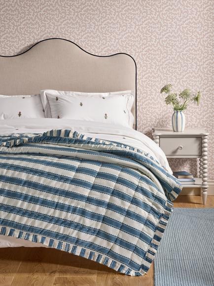 John Lewis x Sanderson Pinetum Quilted Frilled Bedspread - view 2, Blue