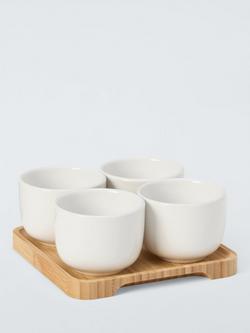BIA Share Round Stoneware Snack Bowls with Bamboo Tray, Set of 4, Natural/White, Multi Multi