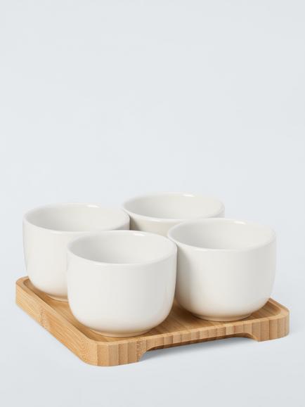 BIA Share Round Stoneware Snack Bowls with Bamboo Tray, Set of 4, Natural/White, Multi Multi
