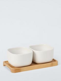 BIA Share Square Stoneware Snack Bowls with Bamboo Tray, Set of 2, Natural/White, Multi Multi