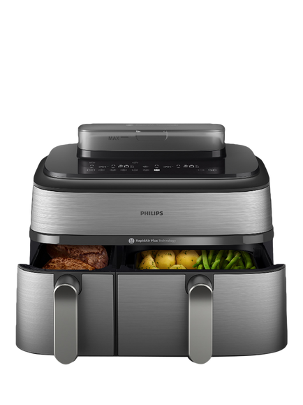 Philips 5000 Series NA555/09 Dual Basket Steam Air Fryer, Brushed Steel, Brushed Steel