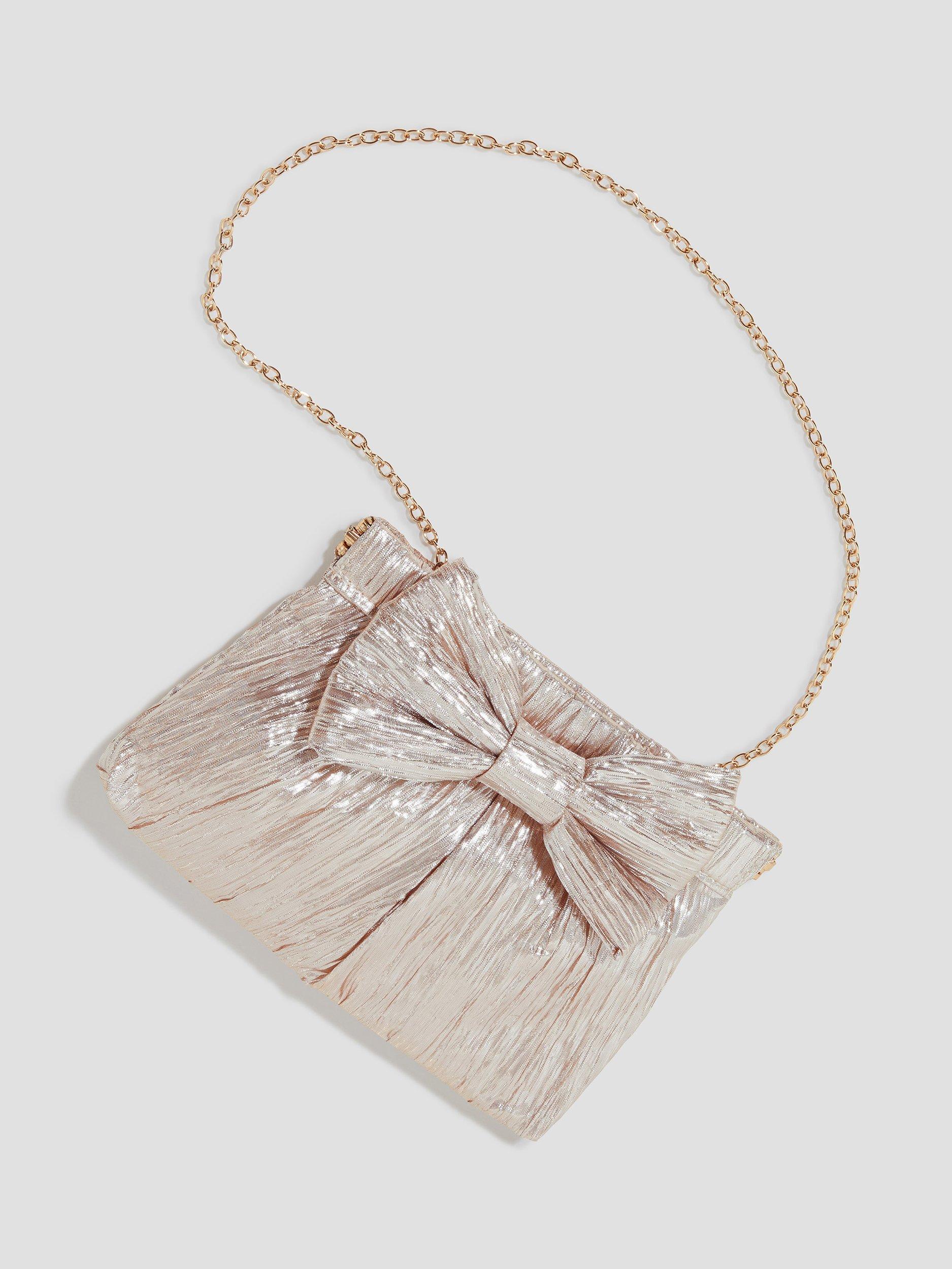 Product image 1 of 5, which shows Monsoon Mila Bow Plisse Clutch Bag, Pink