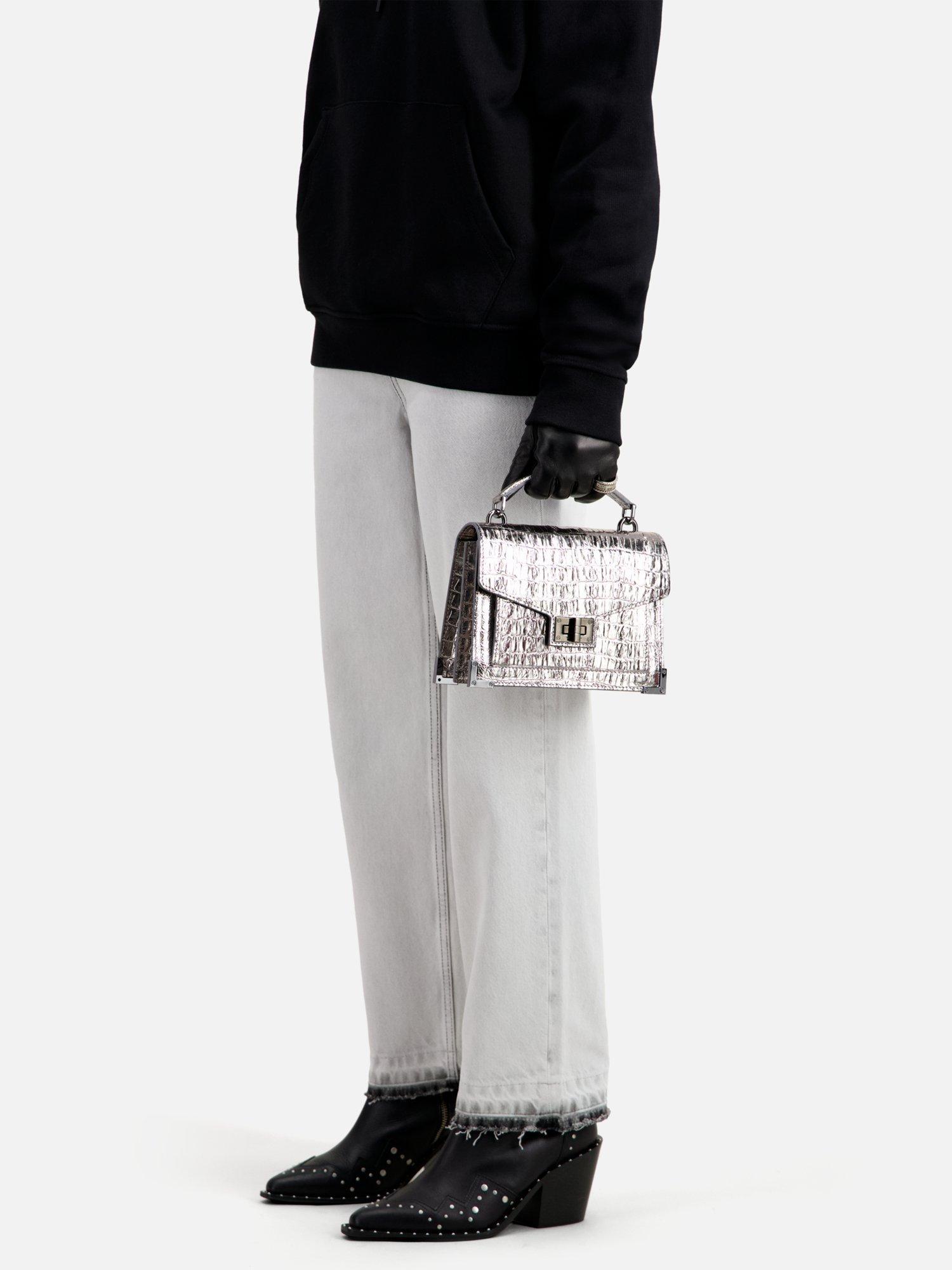 Product image 4 of 5, which shows THE KOOPLES Metallic Croc Double Strap Bag, Silver
