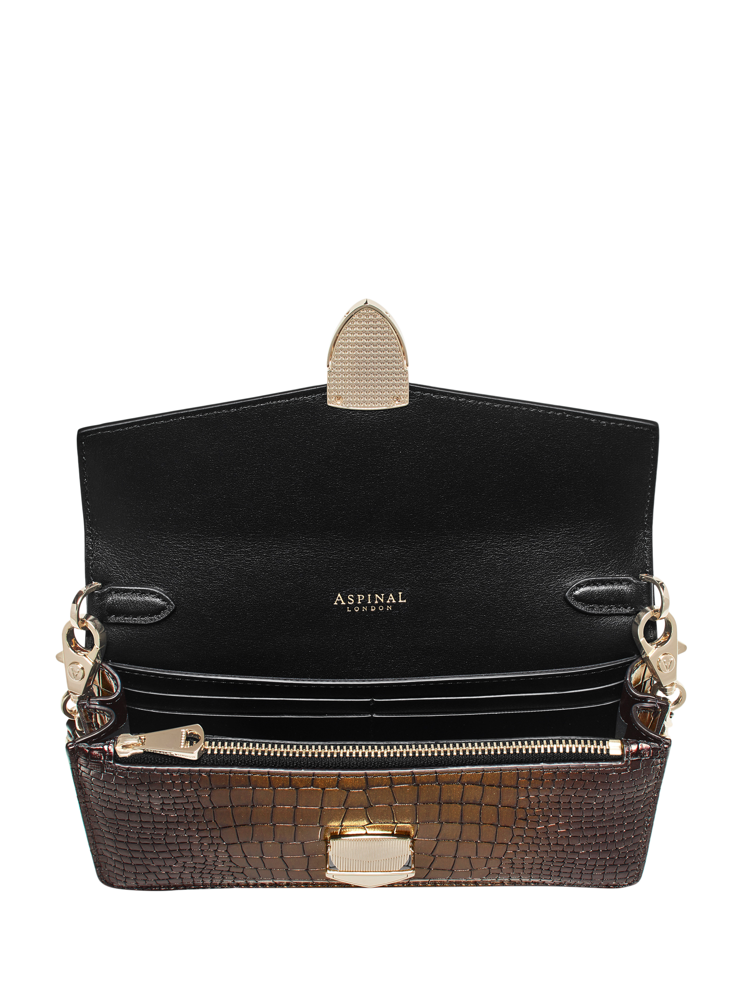 Product image 6 of 10, which shows Aspinal of London Mayfair 2 Leather Clutch Bag, Black/Gold