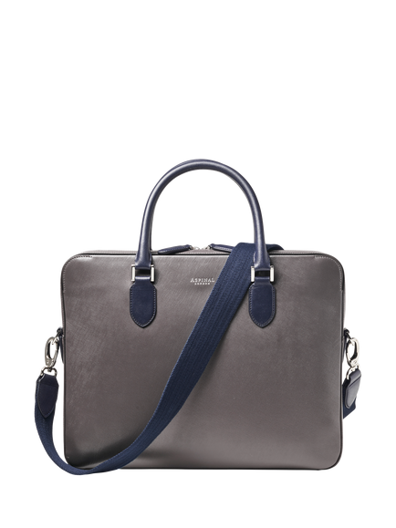 Aspinal of London Leather Slim Briefcase, Grey/Navy