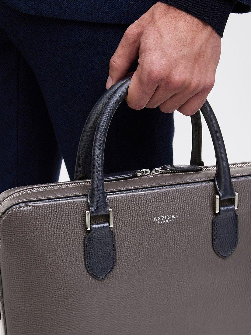 Product image 11 of 11, which shows Aspinal of London Leather Slim Briefcase, Grey/Navy