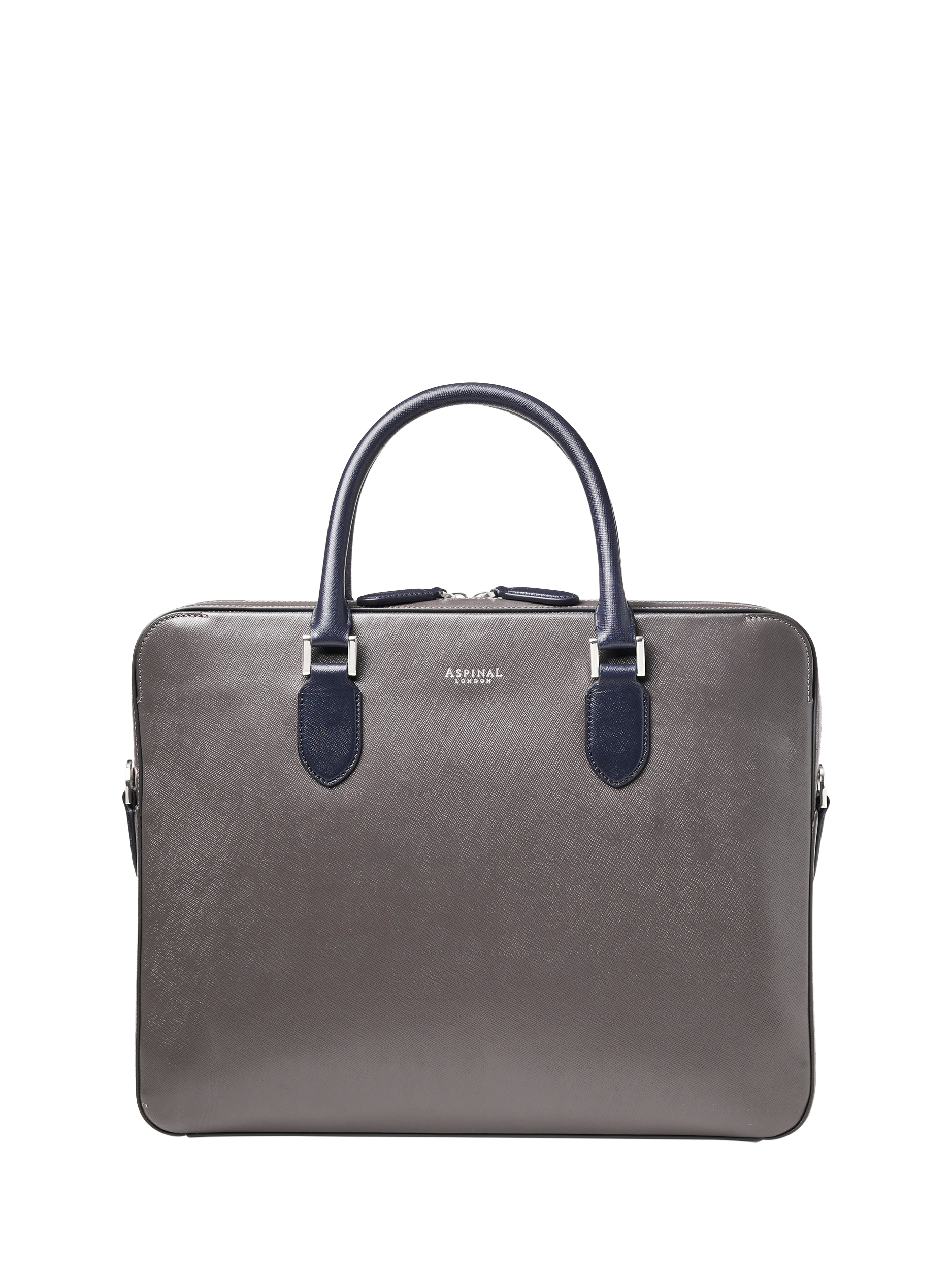 Product image 2 of 11, which shows Aspinal of London Leather Slim Briefcase, Grey/Navy