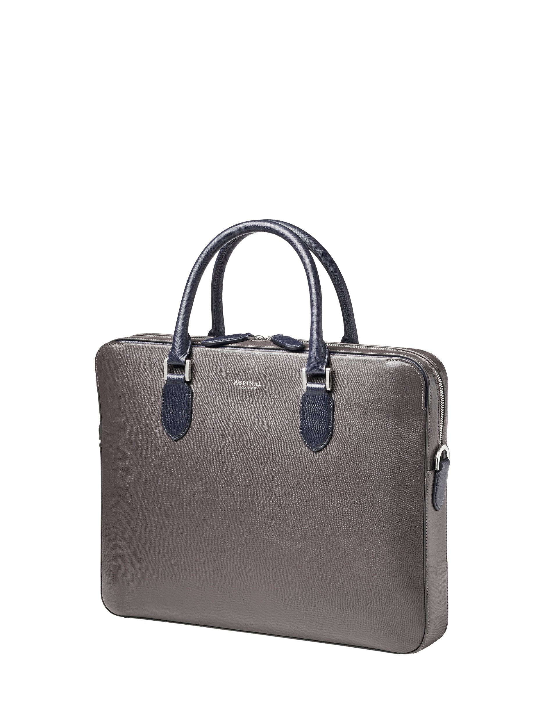Product image 4 of 11, which shows Aspinal of London Leather Slim Briefcase, Grey/Navy