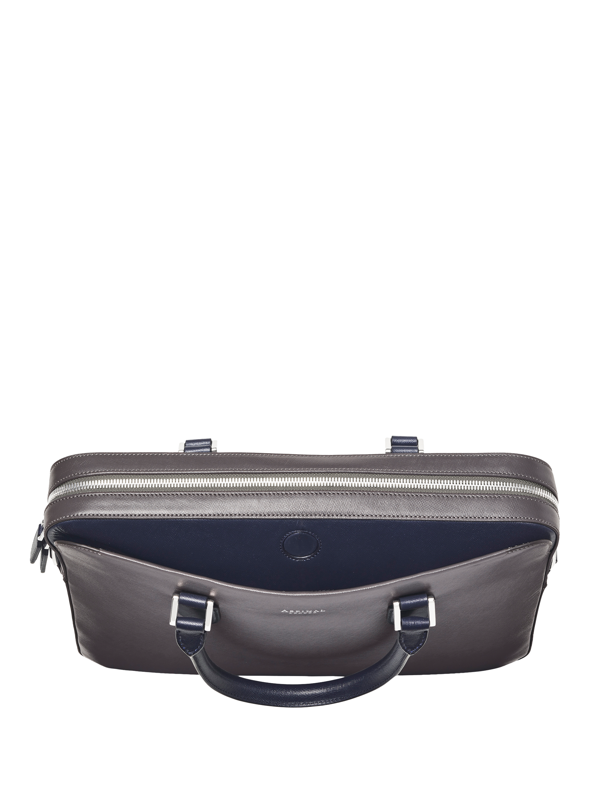 Product image 5 of 11, which shows Aspinal of London Leather Slim Briefcase, Grey/Navy