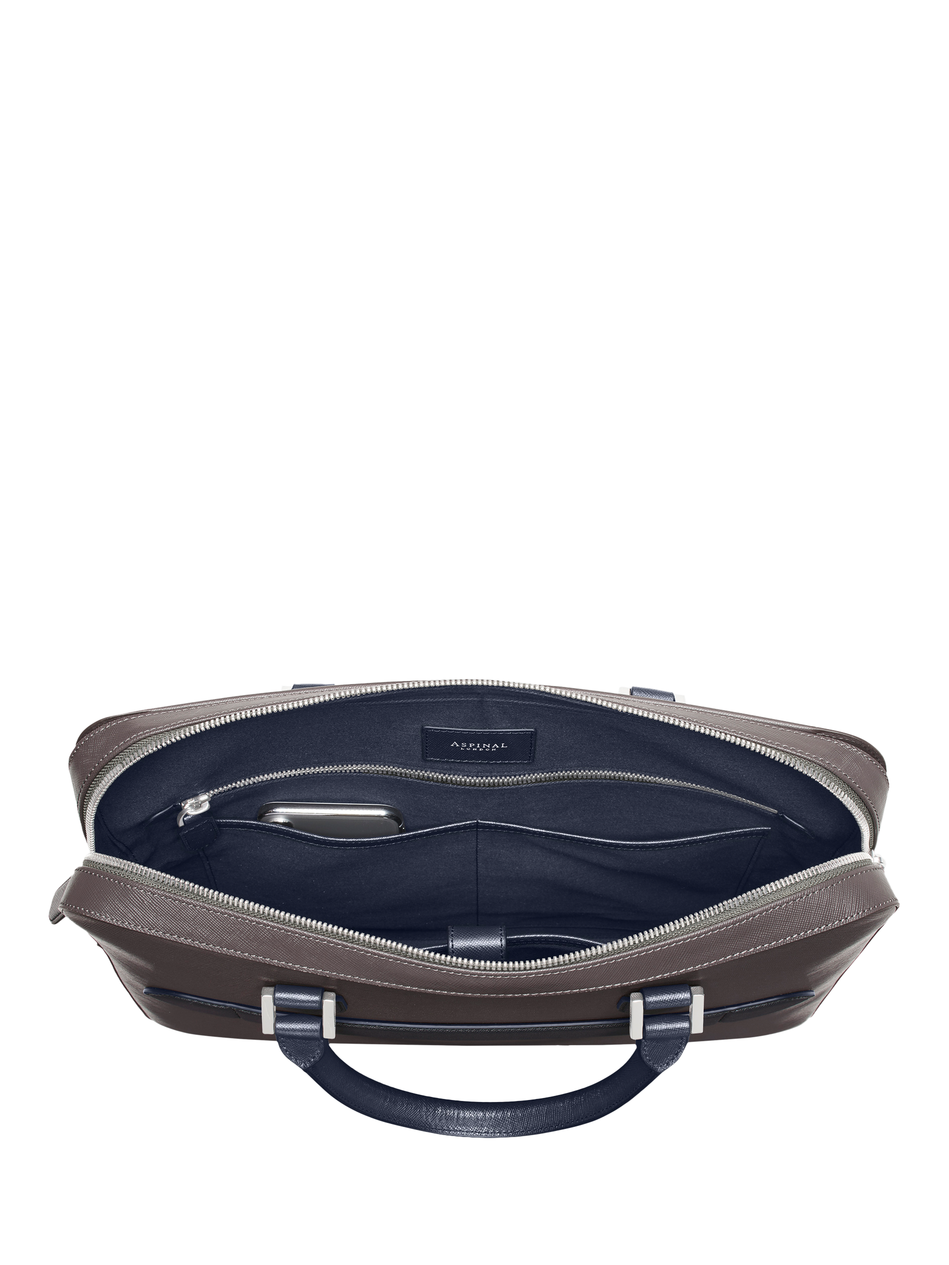 Product image 7 of 11, which shows Aspinal of London Leather Slim Briefcase, Grey/Navy