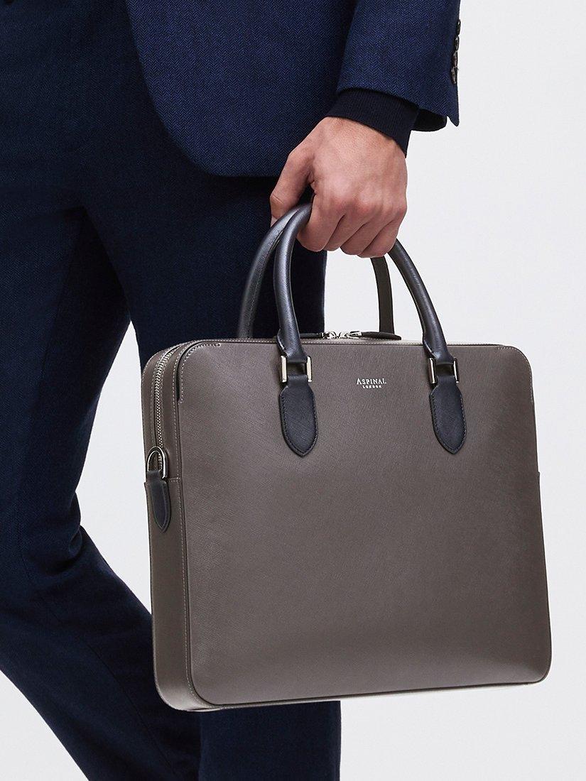 Product image 9 of 11, which shows Aspinal of London Leather Slim Briefcase, Grey/Navy